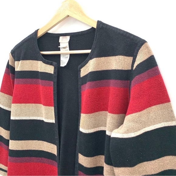 Chico’s 2 Black, Tan and Red Striped Long Sweater Jacket - Picture 3 of 9